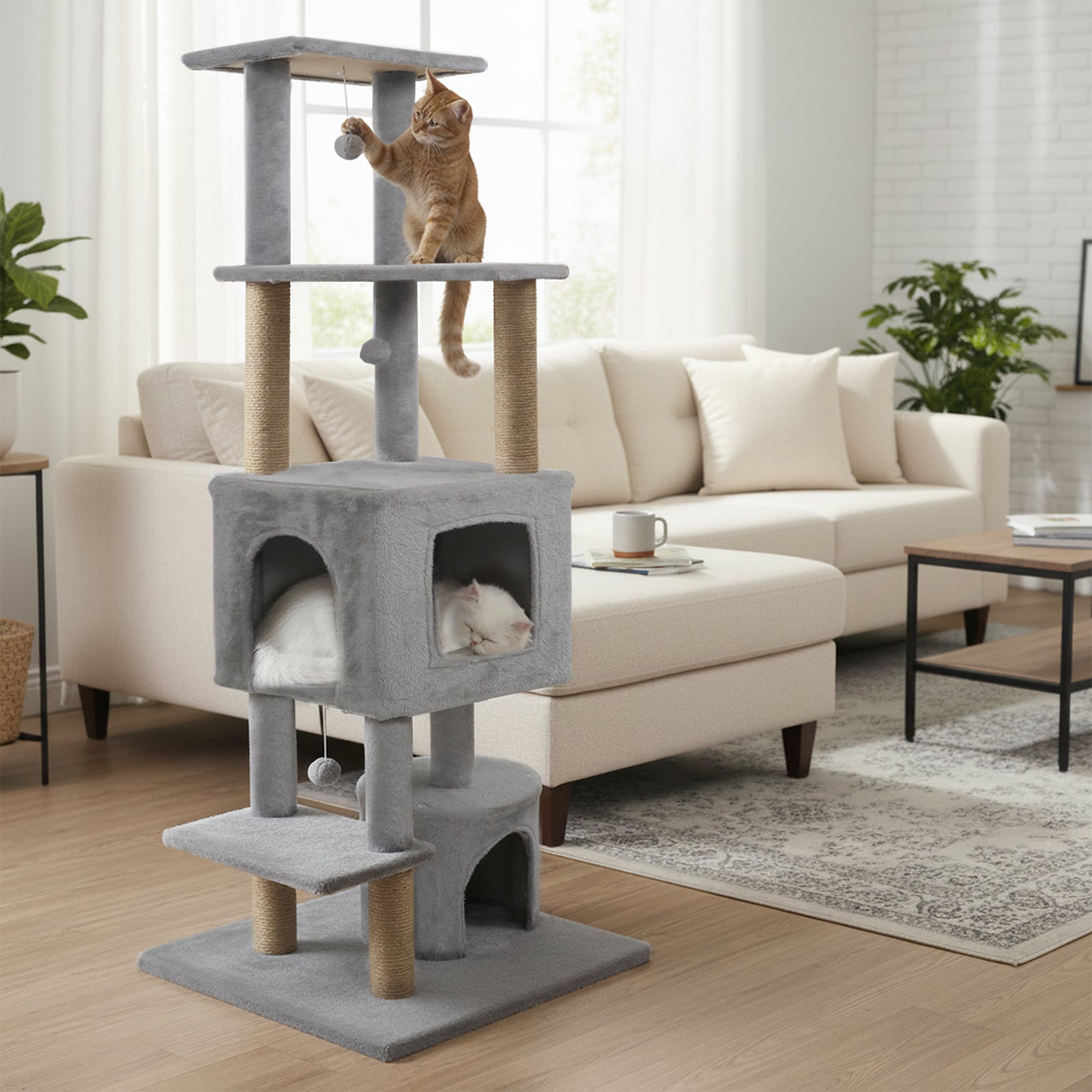 64 Inch Tall Cat Tree with 2 Large Condos and Jute Scratching Posts for Indoor Adult Cats-Light Grey