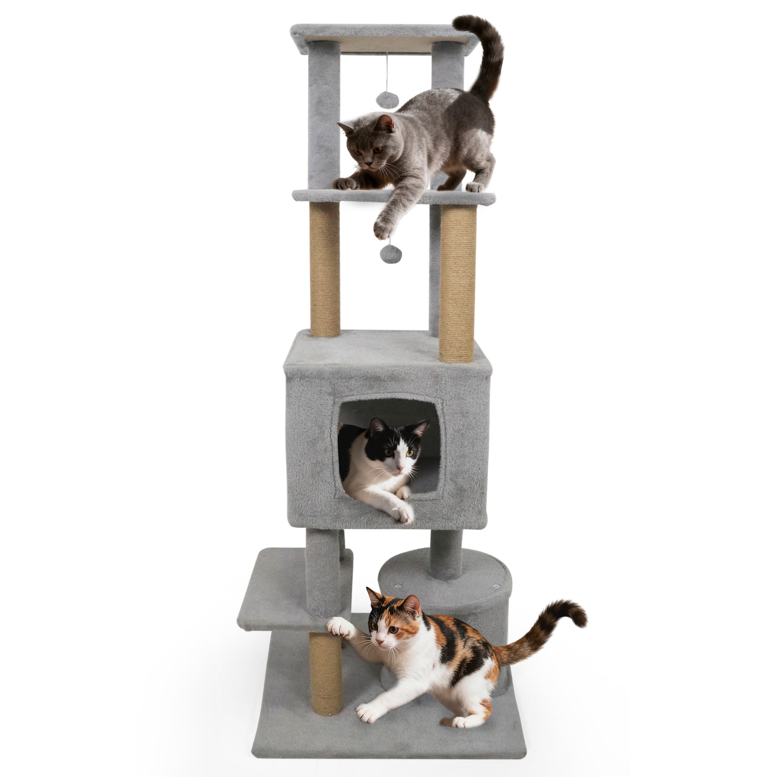 64 Inch Tall Cat Tree with 2 Large Condos and Jute Scratching Posts for Indoor Adult Cats-Light Grey