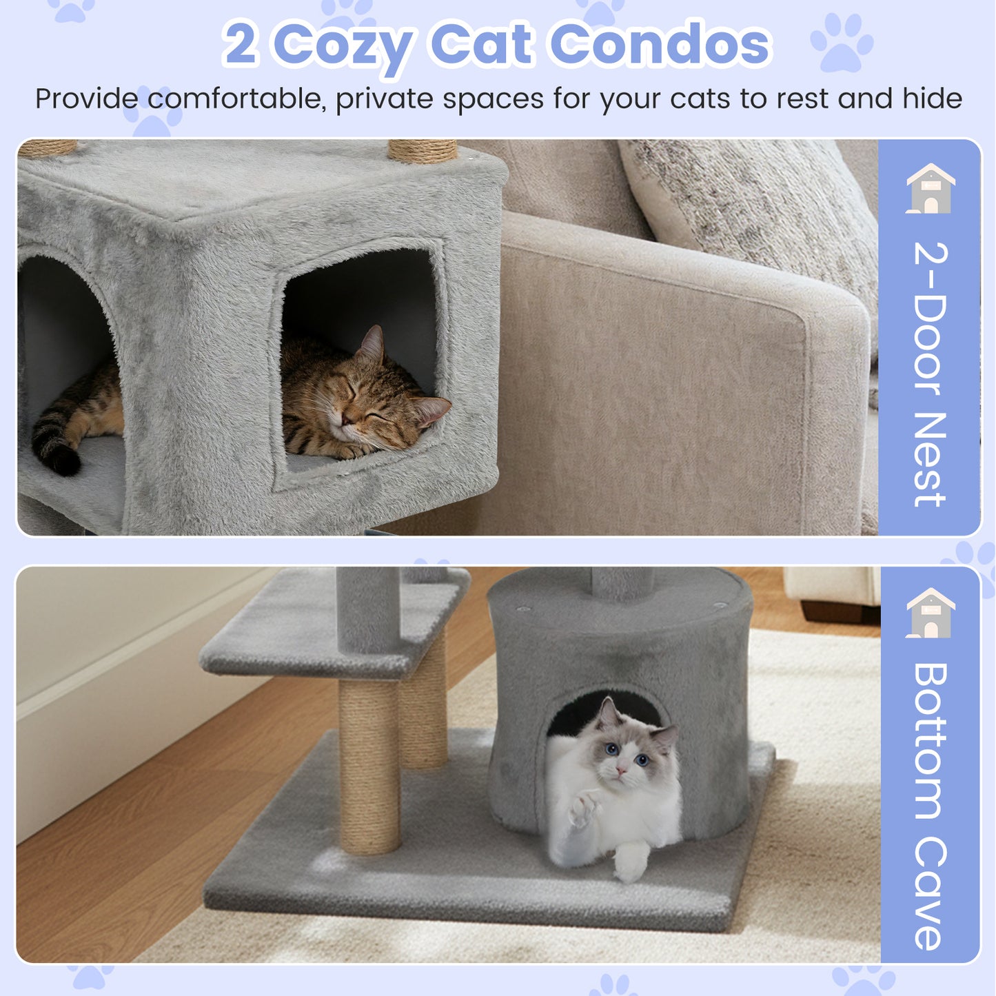 64 Inch Tall Cat Tree with 2 Large Condos and Jute Scratching Posts for Indoor Adult Cats-Light Grey