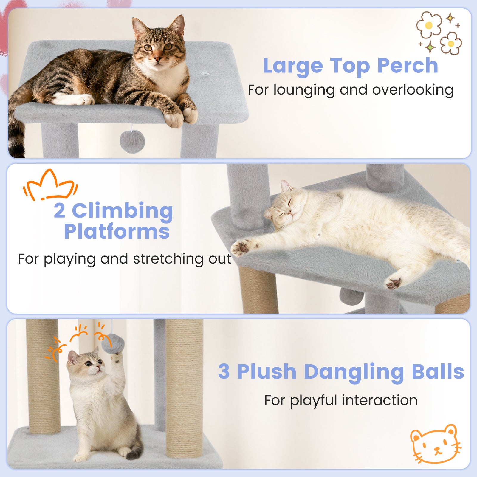 64 Inch Tall Cat Tree with 2 Large Condos and Jute Scratching Posts for Indoor Adult Cats-Light Grey
