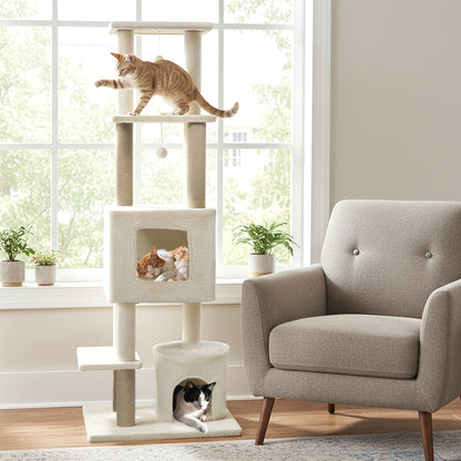 64 Inch Tall Cat Tree with 2 Large Condos and Jute Scratching Posts for Indoor Adult Cats-Beige