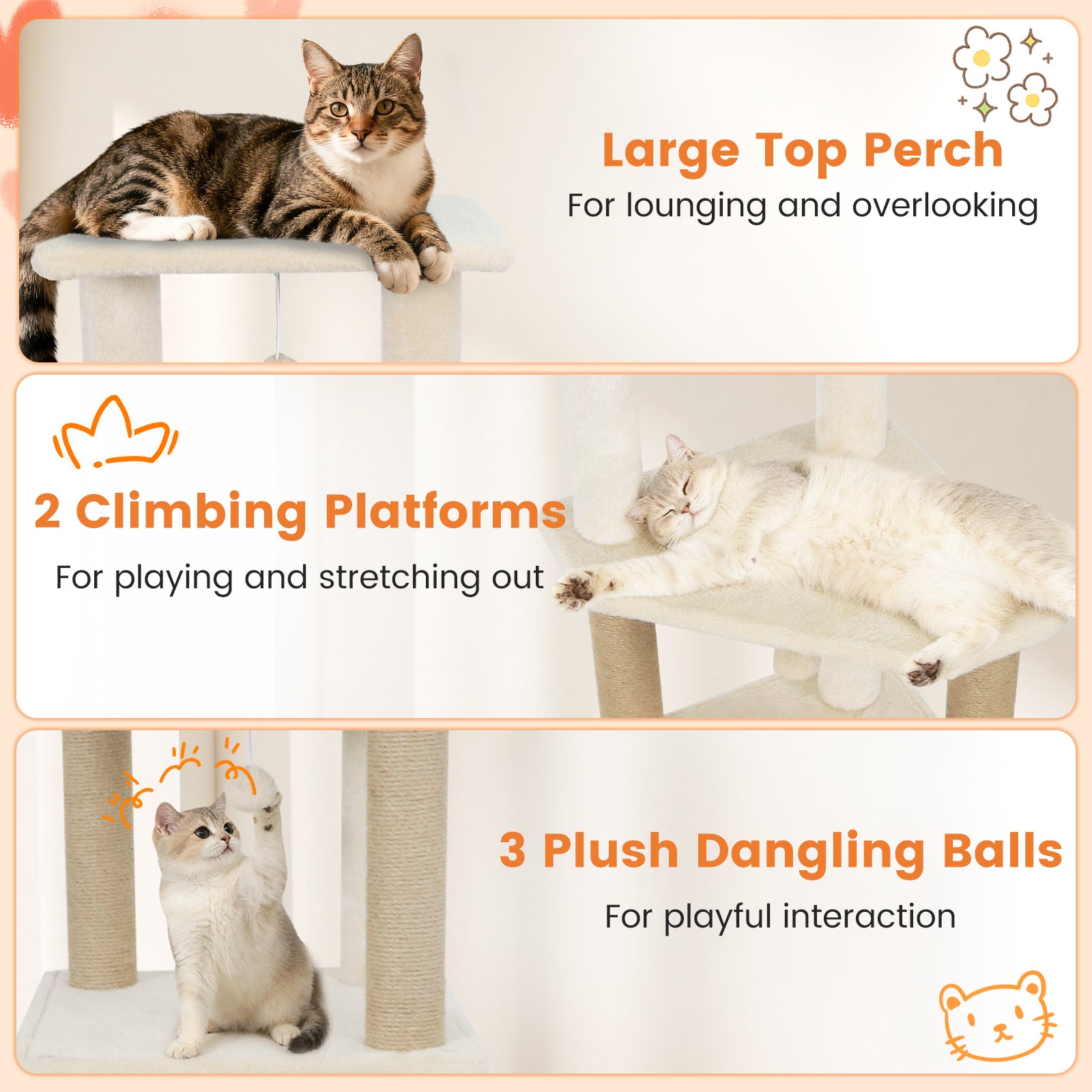 64 Inch Tall Cat Tree with 2 Large Condos and Jute Scratching Posts for Indoor Adult Cats-Beige