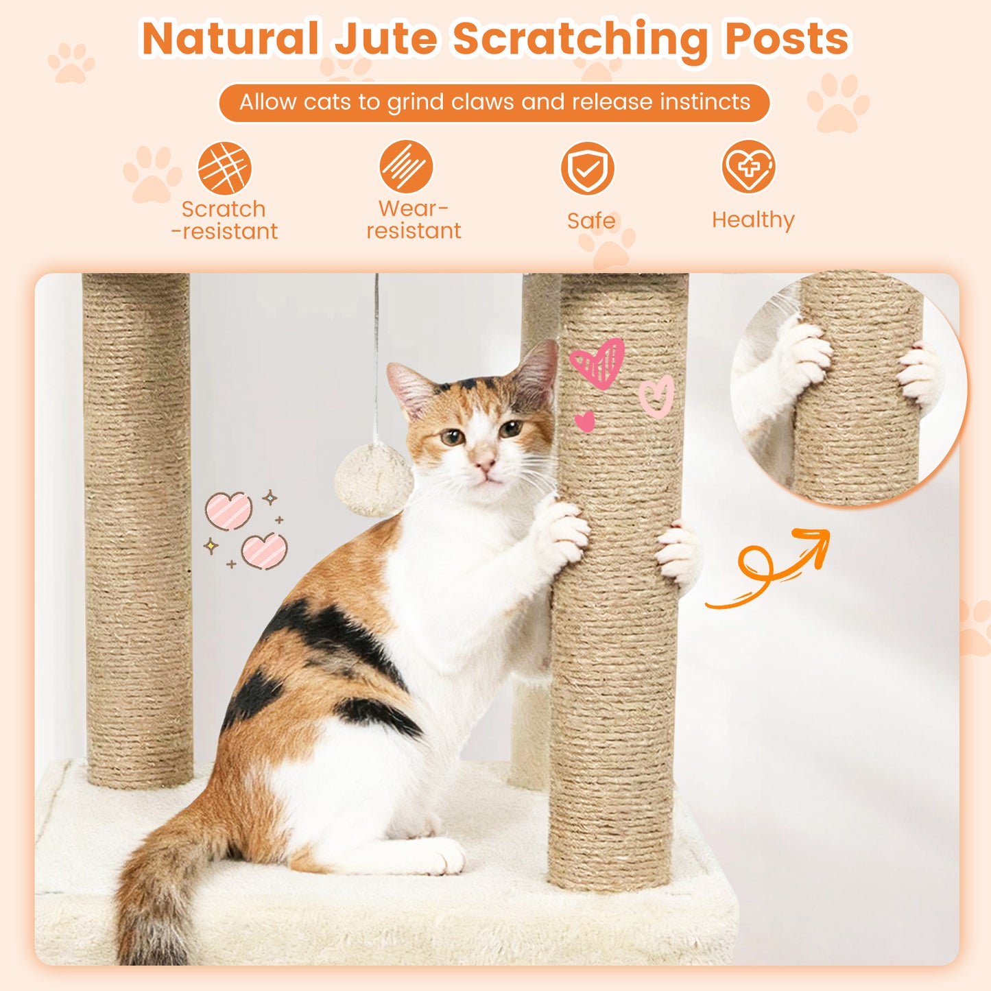64 Inch Tall Cat Tree with 2 Large Condos and Jute Scratching Posts for Indoor Adult Cats-Beige