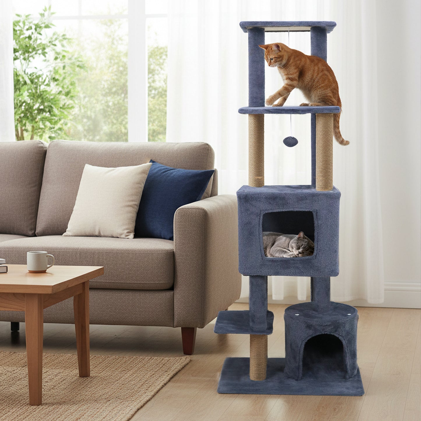 64 Inch Tall Cat Tree with 2 Large Condos and Jute Scratching Posts for Indoor Adult Cats-Dark Grey