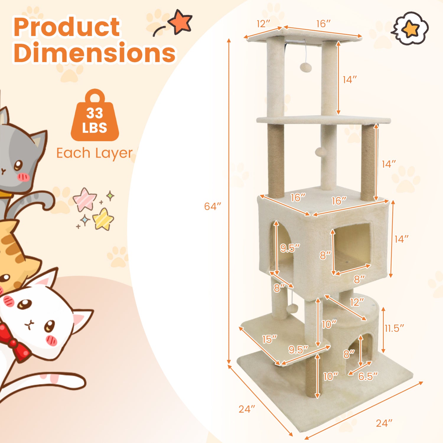 64 Inch Tall Cat Tree with 2 Large Condos and Jute Scratching Posts for Indoor Adult Cats-Beige