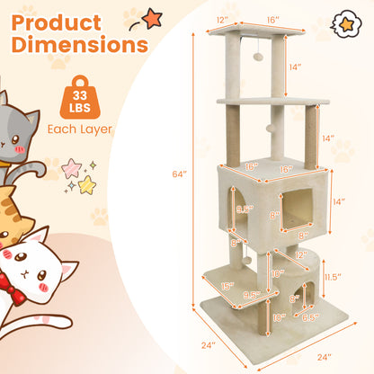 64 Inch Tall Cat Tree with 2 Large Condos and Jute Scratching Posts for Indoor Adult Cats-Beige