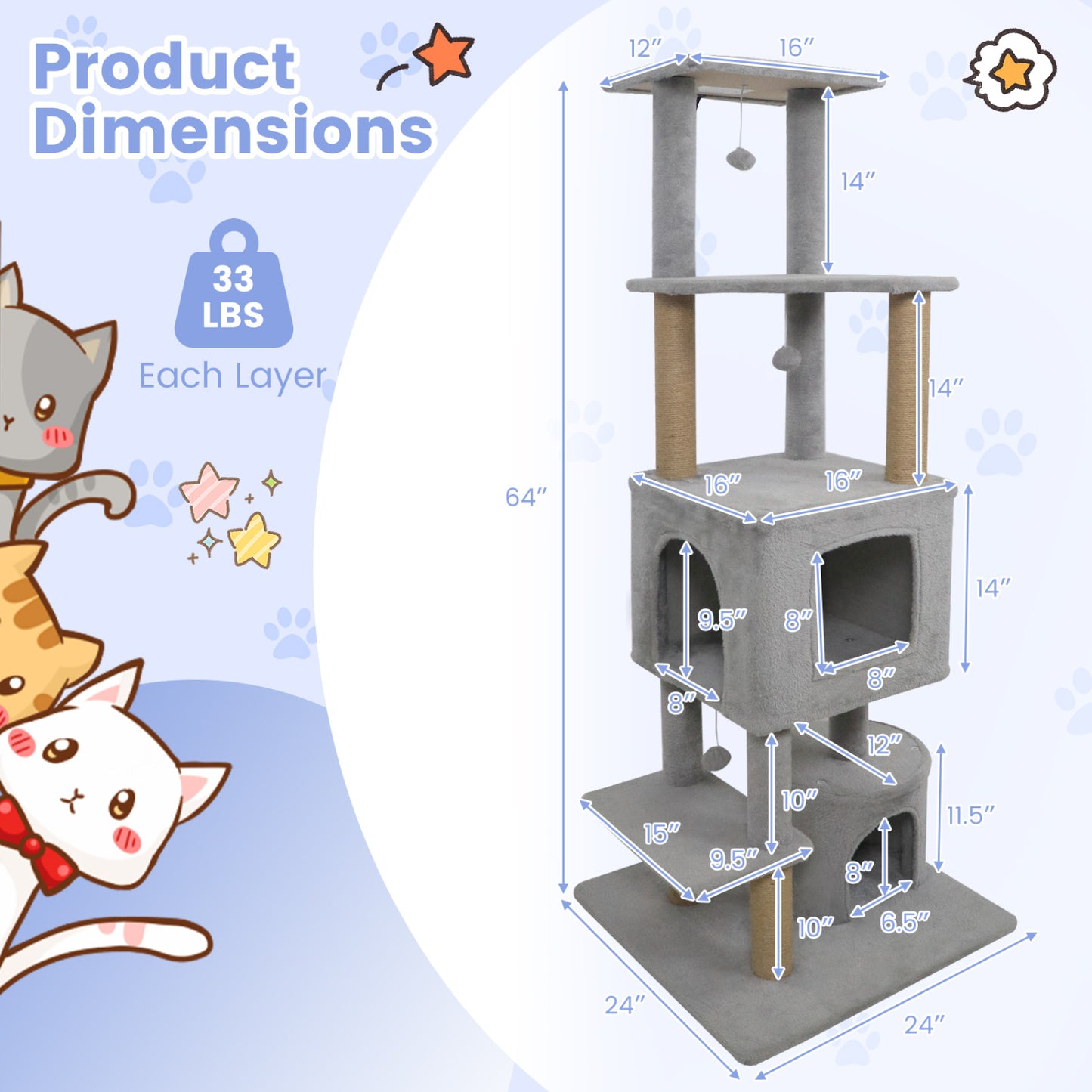64 Inch Tall Cat Tree with 2 Large Condos and Jute Scratching Posts for Indoor Adult Cats-Light Grey