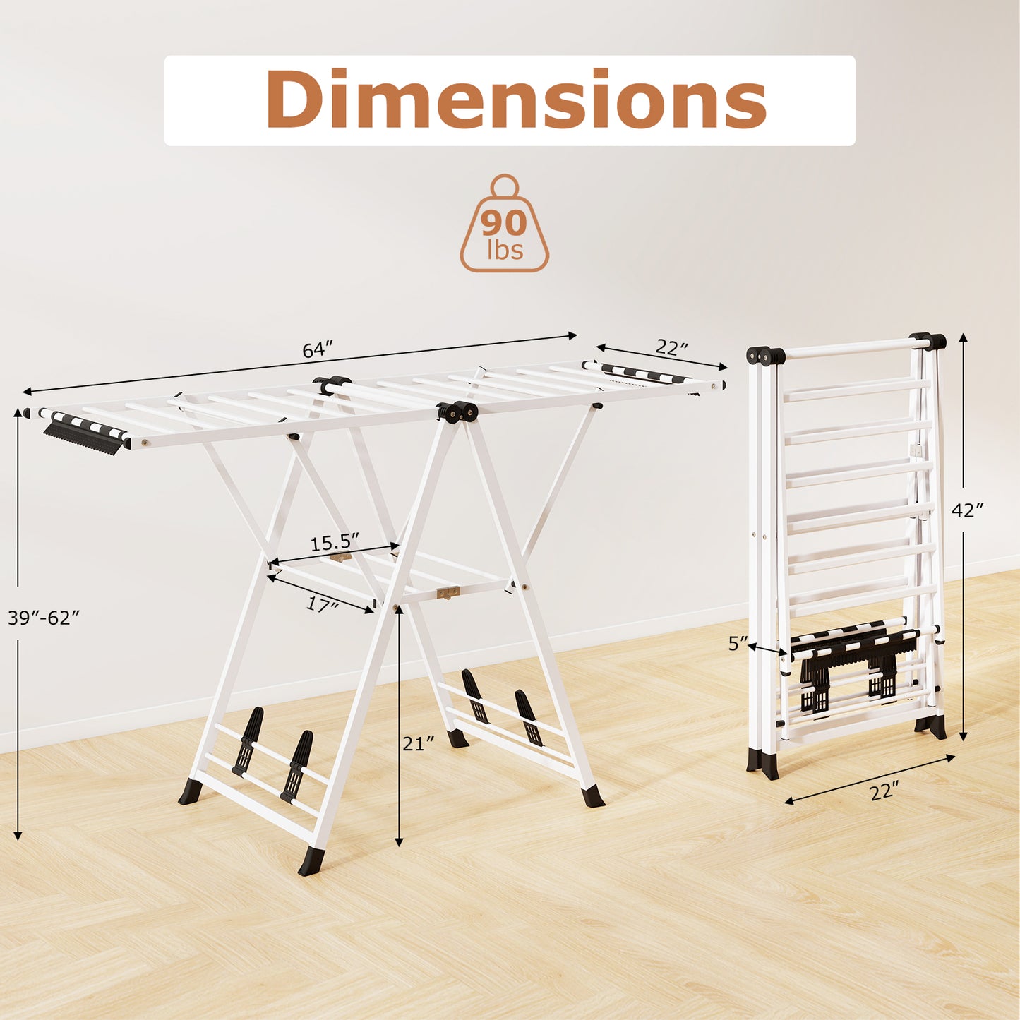 64 Inches Clothes Drying Rack with Height Adjustable Wings-White