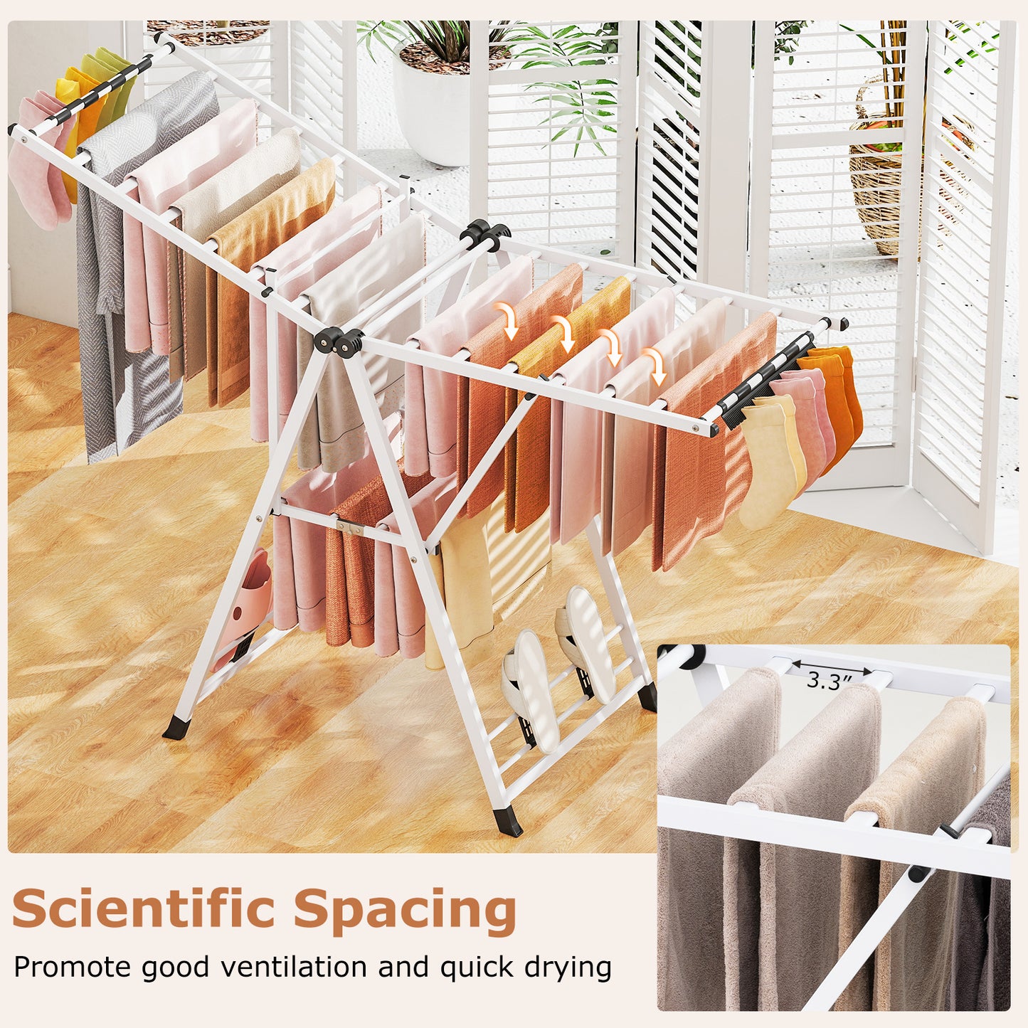 64 Inches Clothes Drying Rack with Height Adjustable Wings-White