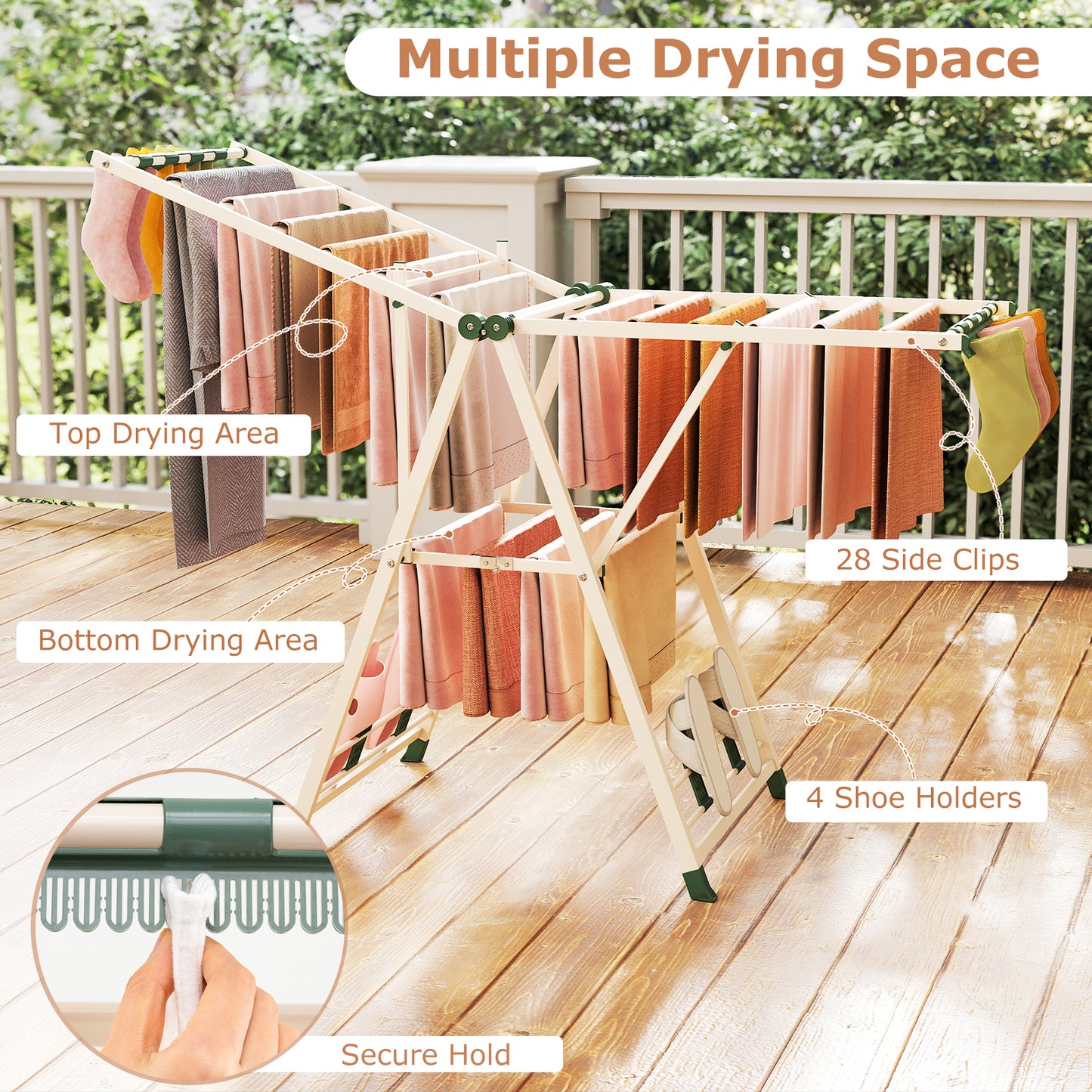 64 Inches Clothes Drying Rack with Height Adjustable Wings-Beige