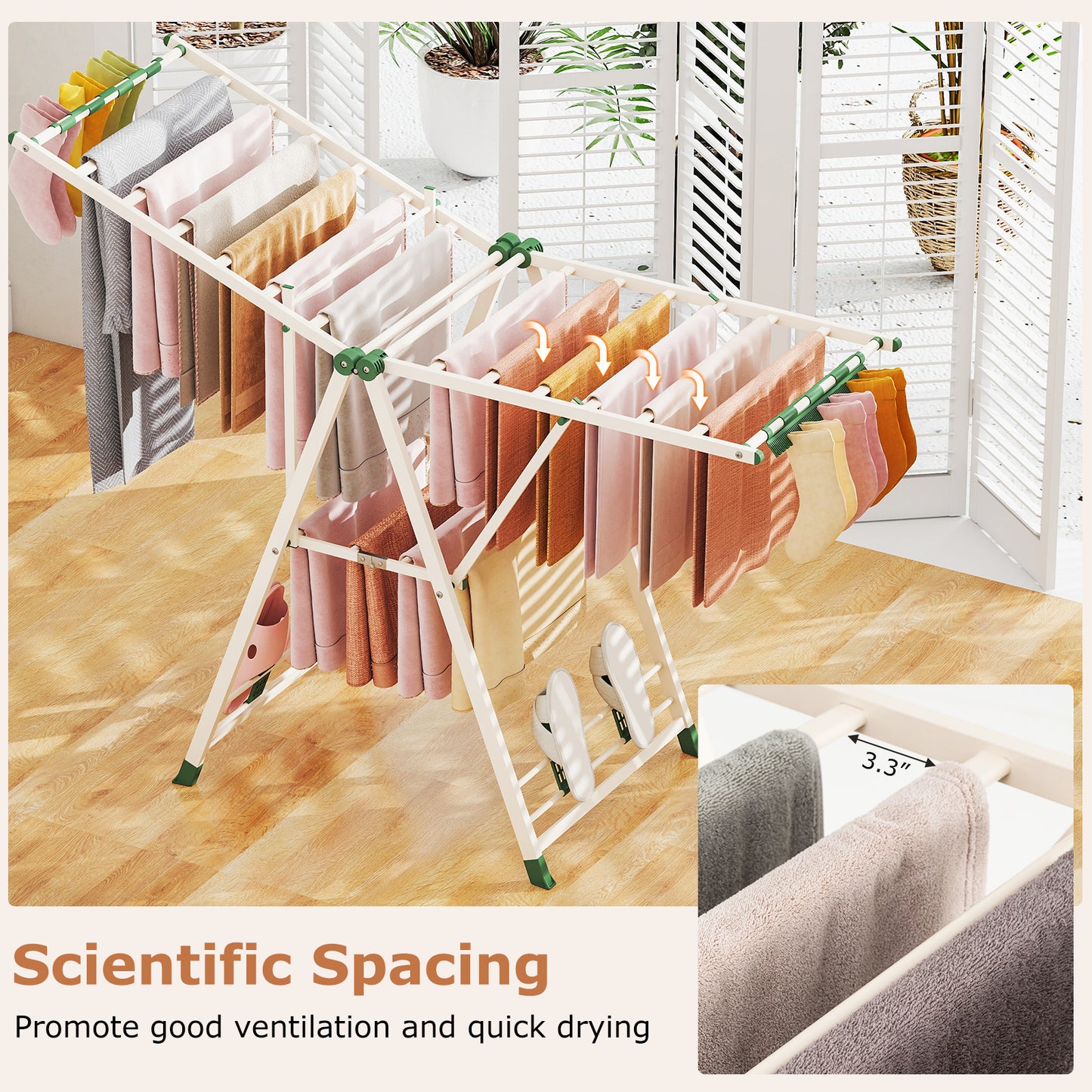 64 Inches Clothes Drying Rack with Height Adjustable Wings-Beige