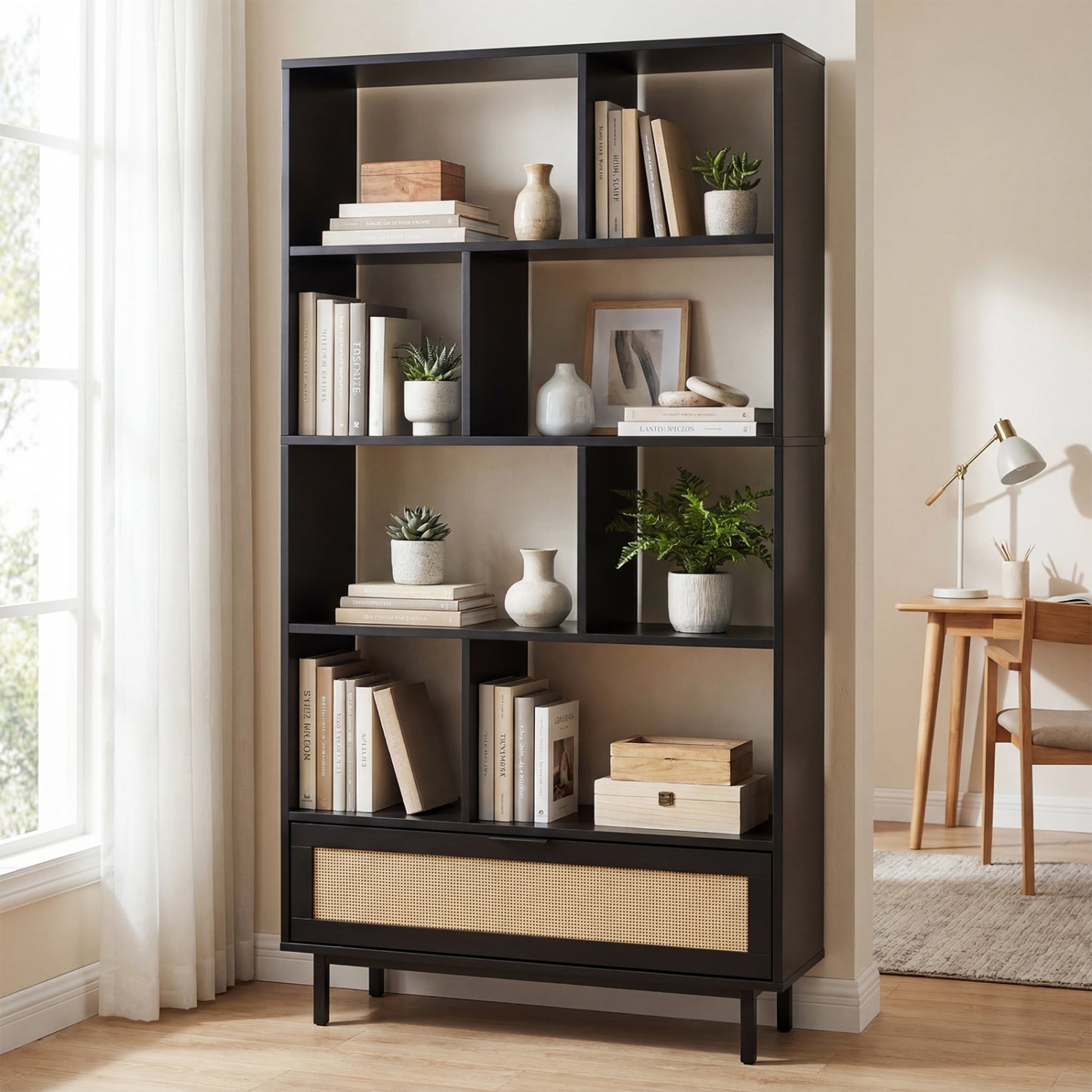 64-Inch Tall Wooden Bookcase with 8 Cubes and Drawer