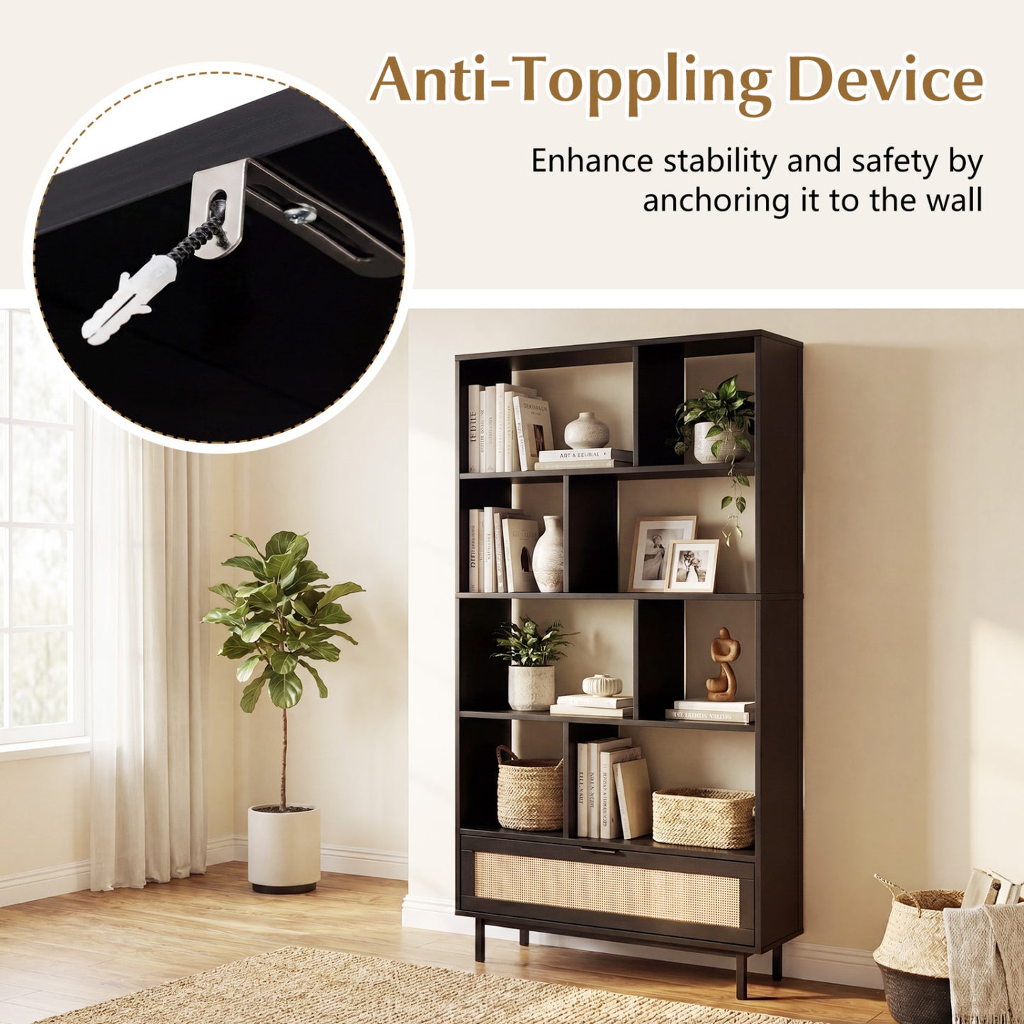 64-Inch Tall Wooden Bookcase with 8 Cubes and Drawer