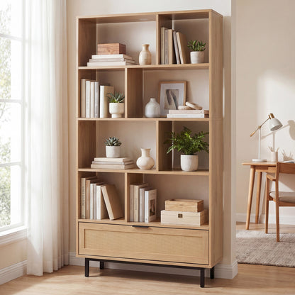 64-Inch Tall Wooden Bookcase with 8 Cubes and Drawer