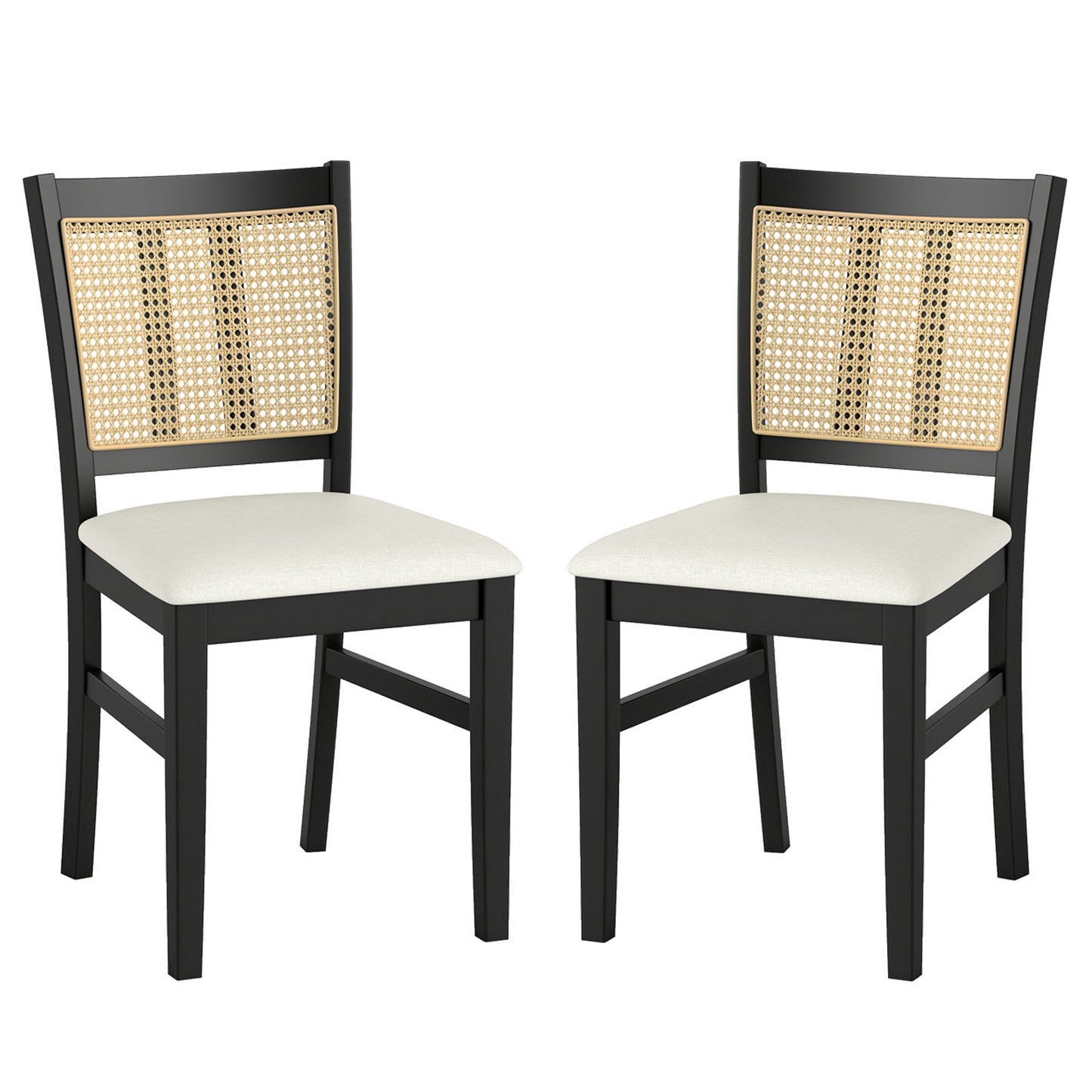 Farmhouse Rattan Dining Chair Set of 2 with Rubber Wood Legs and Cane Back-Beige