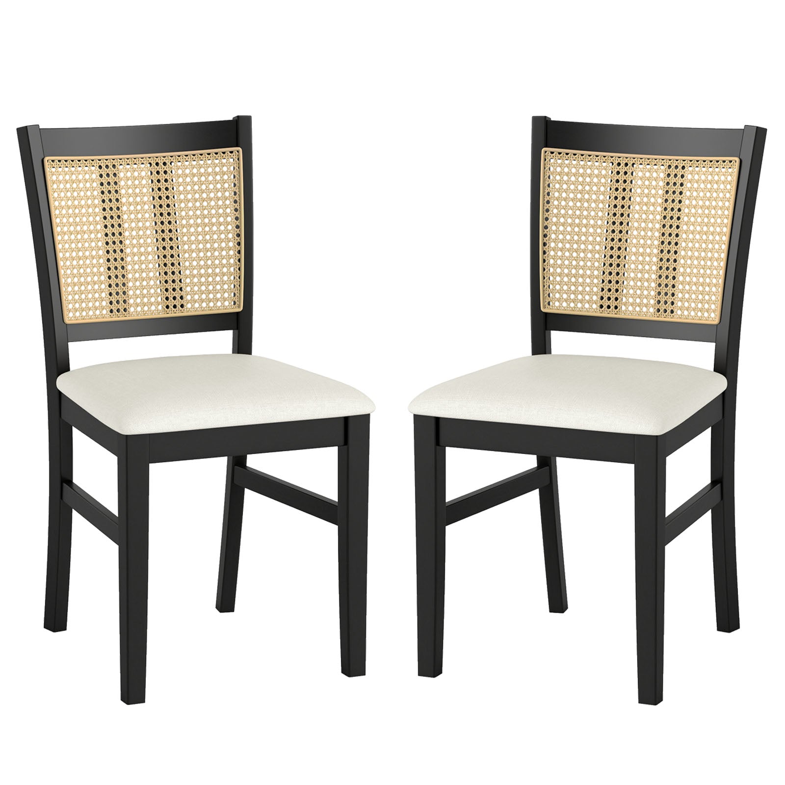 Farmhouse Rattan Dining Chair Set of 2 with Rubber Wood Legs and Cane Back-Beige