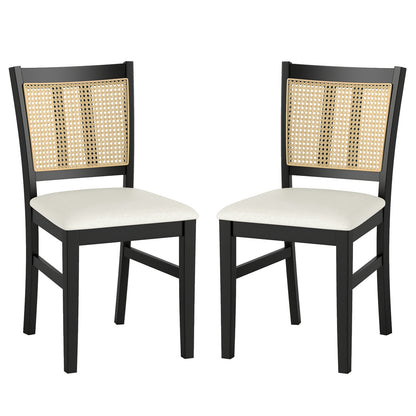 Farmhouse Rattan Dining Chair Set of 2 with Rubber Wood Legs and Cane Back-Beige