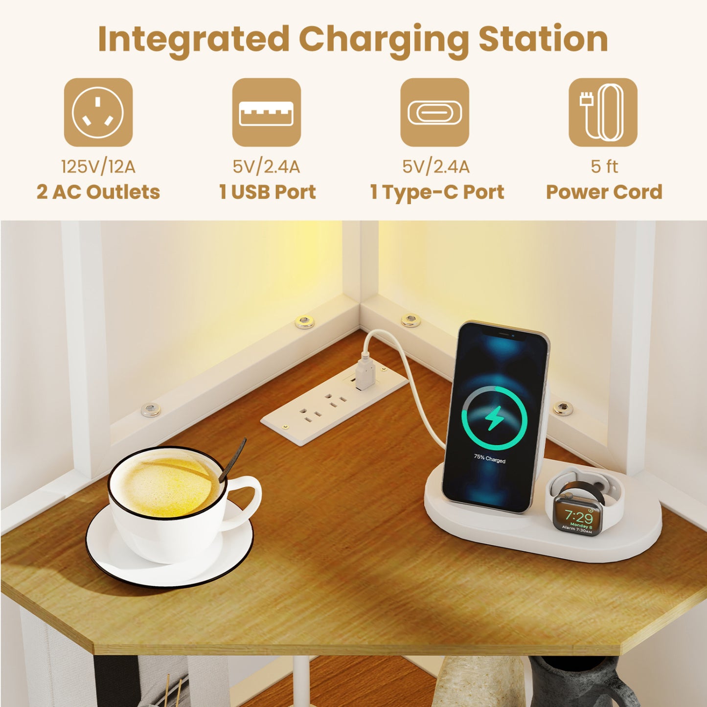 65 Inch 6-Tier Corner Shelf with Charging Station and Ambience Light