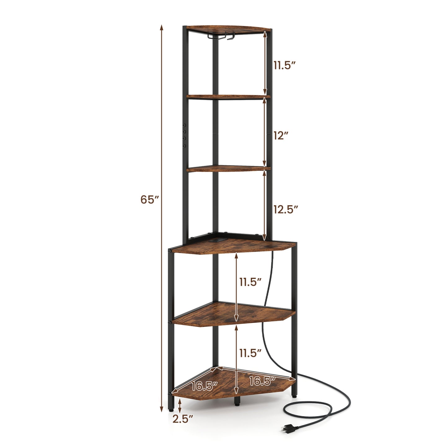 65 Inch 6-Tier Corner Shelf with Charging Station and Ambience Light
