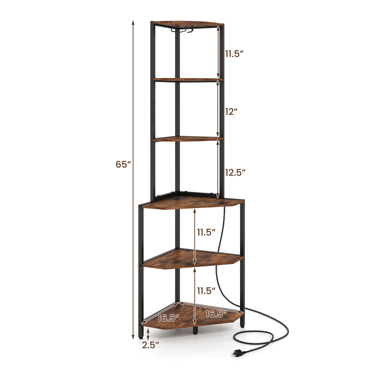 65 Inch 6-Tier Corner Shelf with Charging Station and Ambience Light