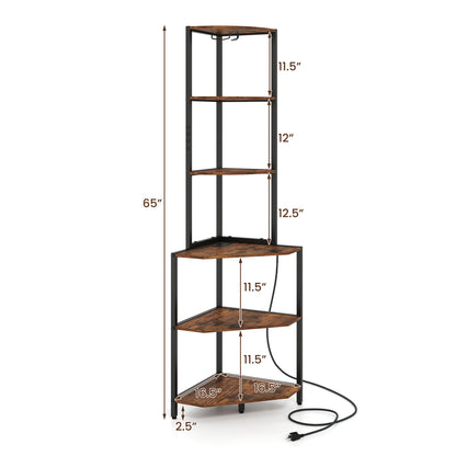 65 Inch 6-Tier Corner Shelf with Charging Station and Ambience Light