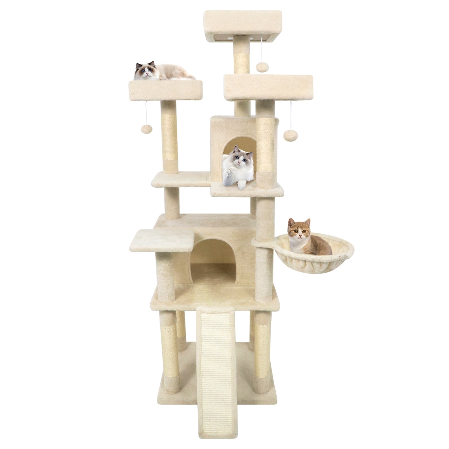 65 Inch Tall Multi-level Cat Tree with 3 Upholstered Perch and 2 Cat Condos