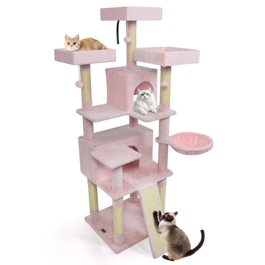 65 Inch Tall Multi-level Cat Tree with 3 Upholstered Perch and 2 Cat Condos
