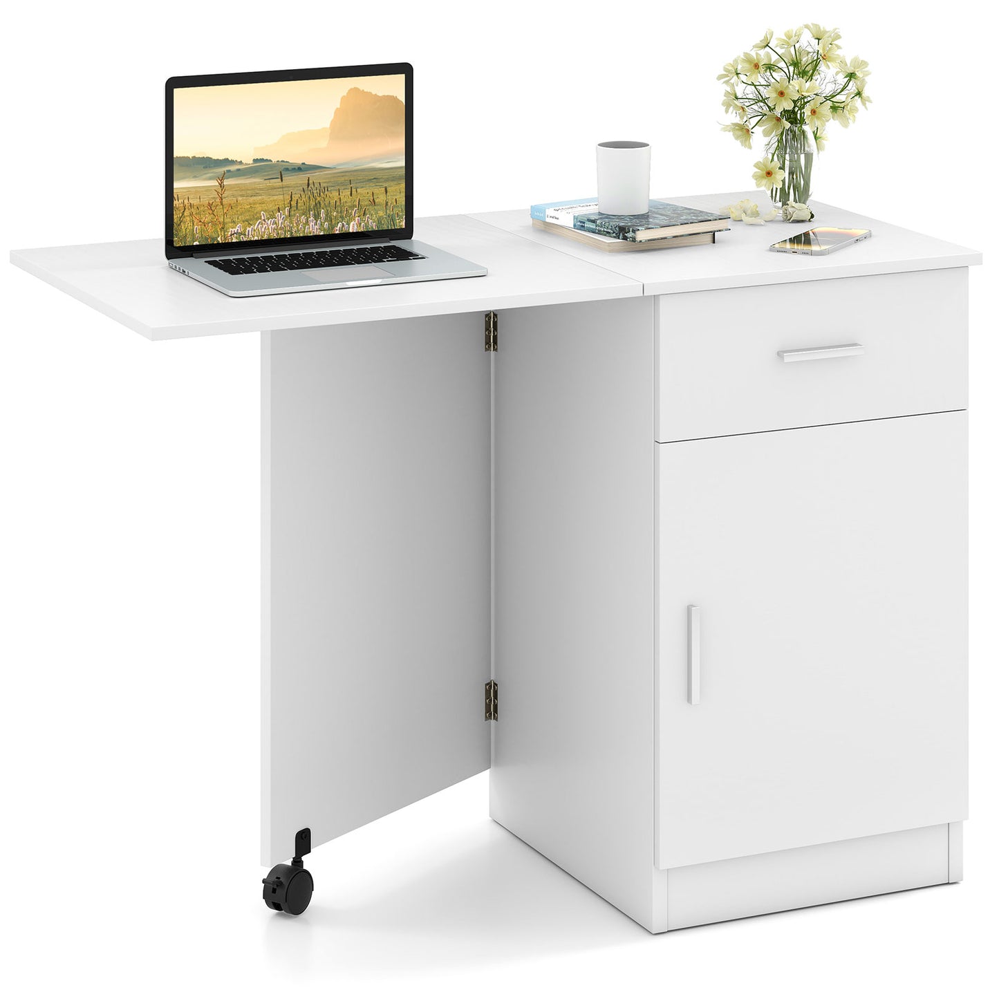 Folding Computer Desk with Drawer Mobile Home Office Desk with Cabinet-White - White