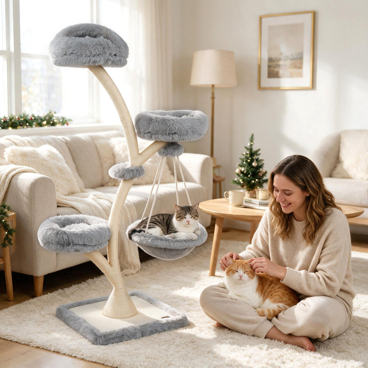 66.5" Multi-Level Modern Cat Tower with Top Perch 2 Beds Hammock and Sisal Posts