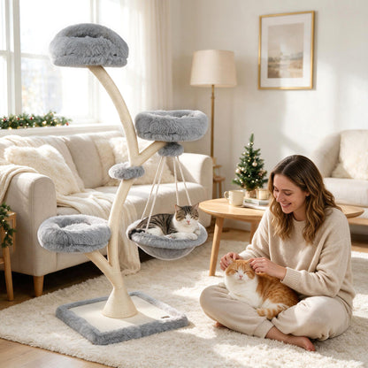 66.5" Multi-Level Modern Cat Tower with Top Perch 2 Beds Hammock and Sisal Posts