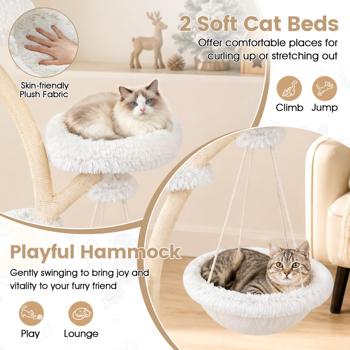 66.5" Multi-Level Modern Cat Tower with Top Perch 2 Beds Hammock and Sisal Posts