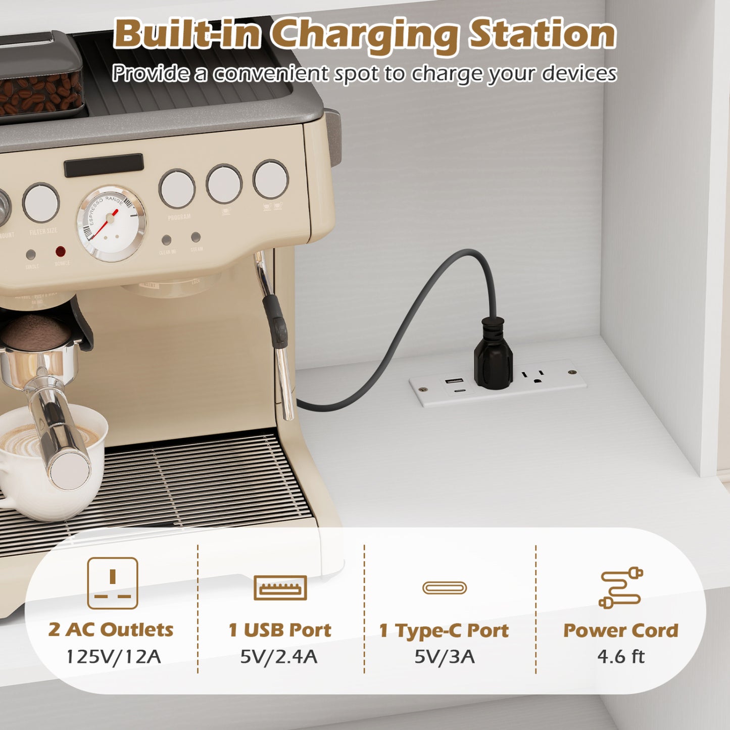 66 Inch Kitchen Pantry Cabinet with Charging Station and Adjustable Shelves for Dining Room