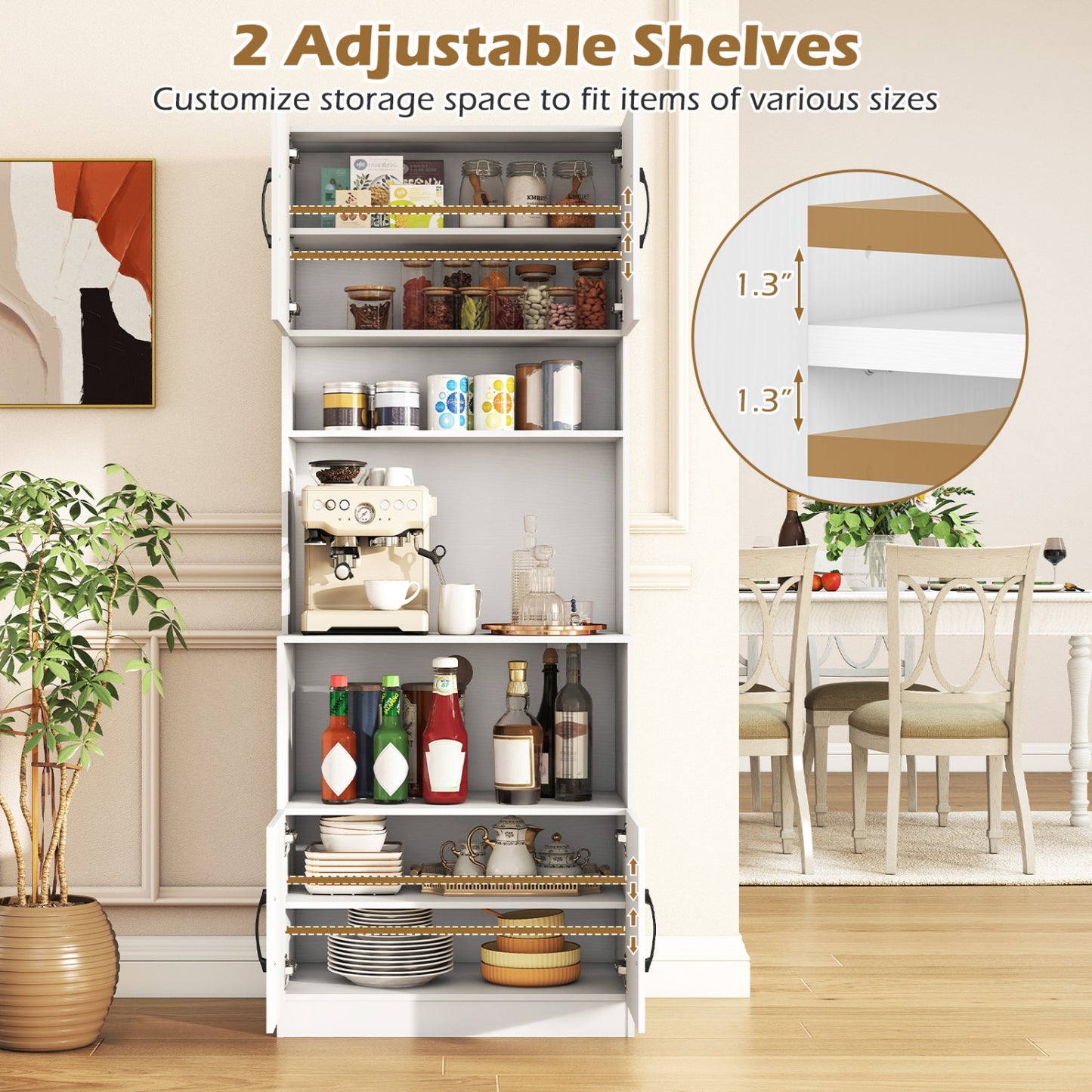 66 Inch Kitchen Pantry Cabinet with Charging Station and Adjustable Shelves for Dining Room