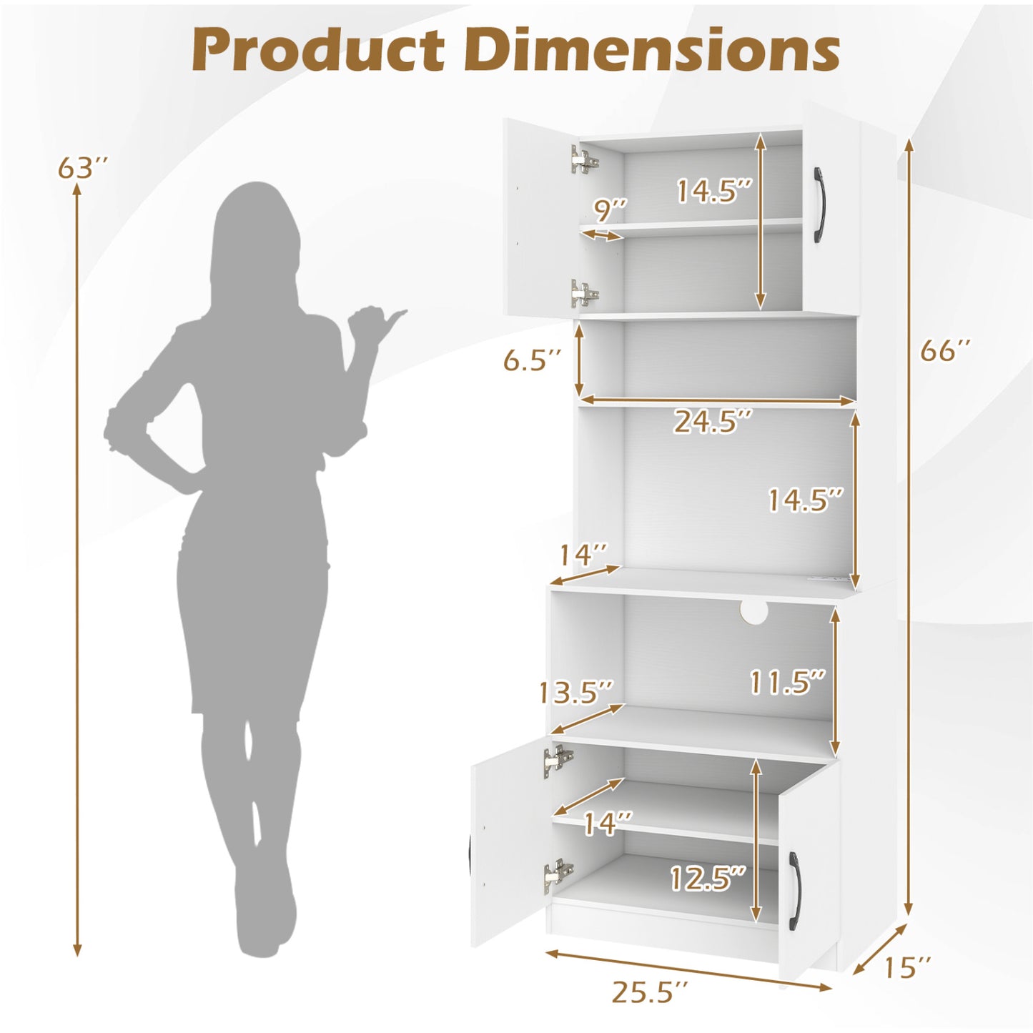 66 Inch Kitchen Pantry Cabinet with Charging Station and Adjustable Shelves for Dining Room