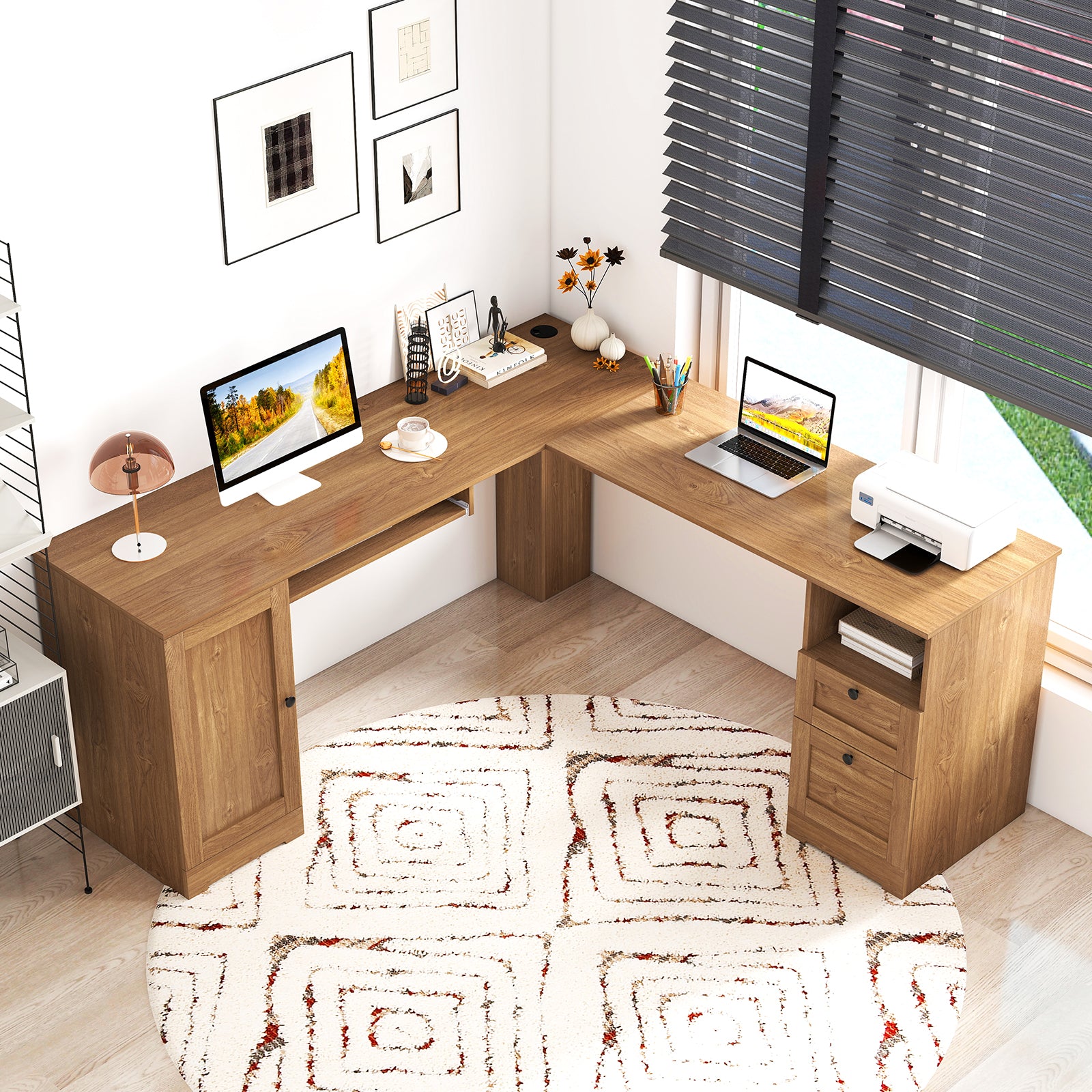 66 Inch L-Shaped Computer Desk-Oak