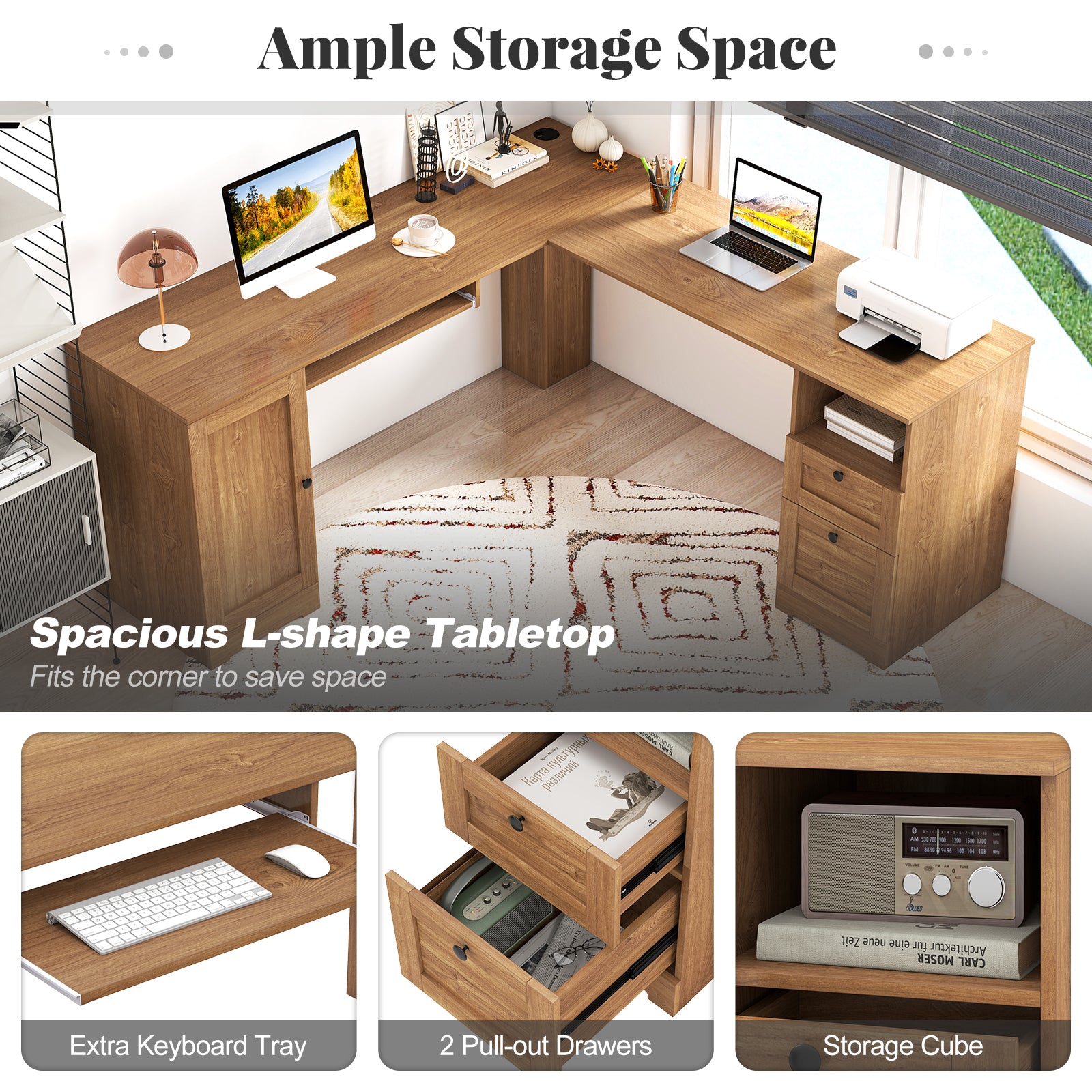 66 Inch L-Shaped Computer Desk-Oak