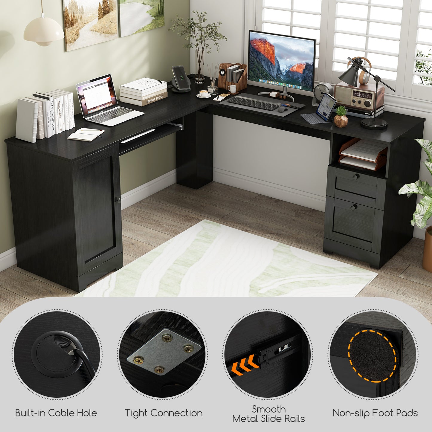 66 Inch L-Shaped Writing Study Workstation Computer Desk with Drawers-Black