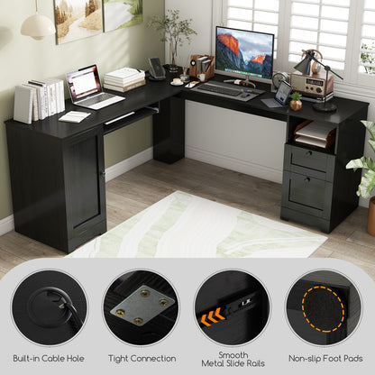 66 Inch L-Shaped Writing Study Workstation Computer Desk with Drawers-Black