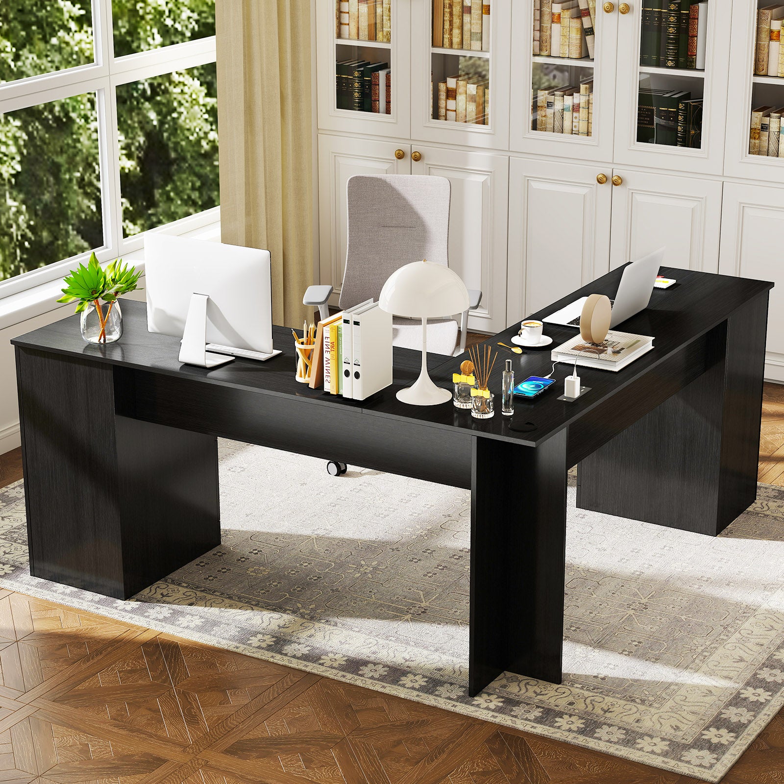 66 Inch L-Shaped Writing Study Workstation Computer Desk with Drawers-Black