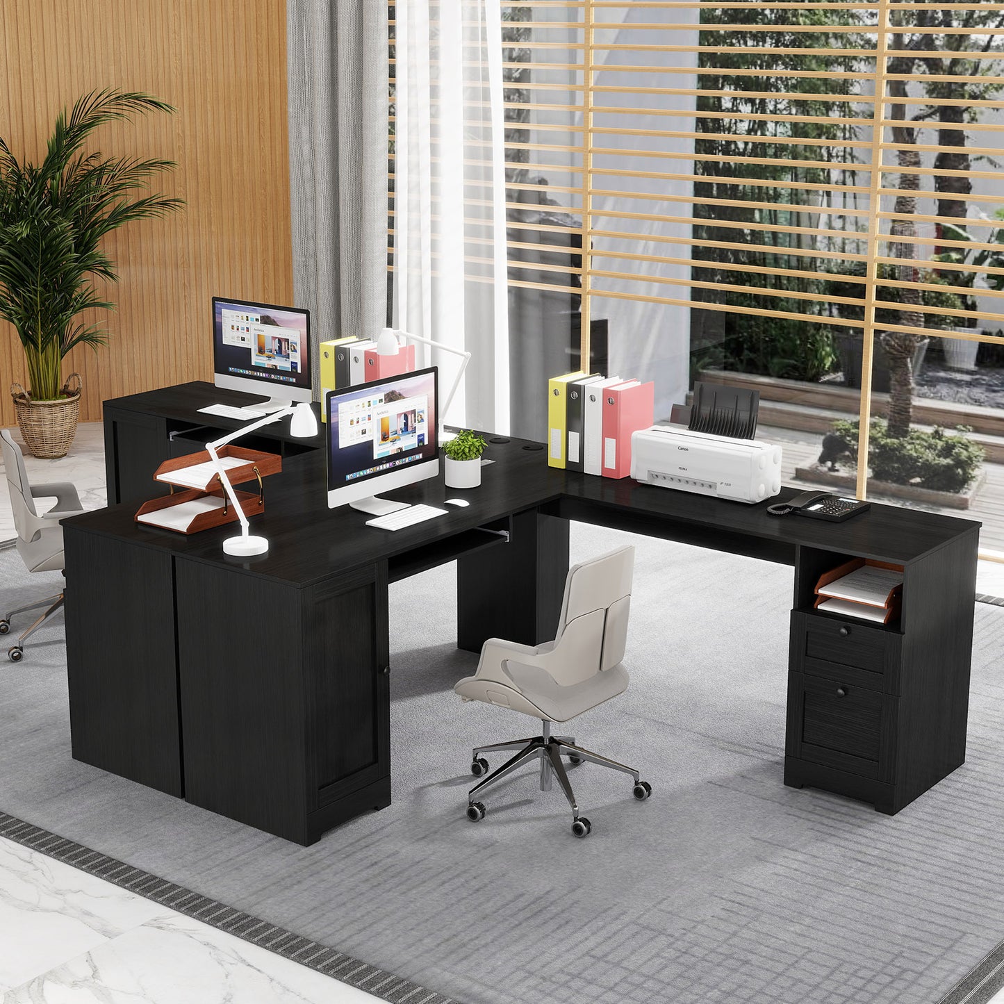 66 Inch L-Shaped Writing Study Workstation Computer Desk with Drawers-Black