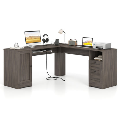 66 Inch L-shaped Computer Desk with Power Outlets-Dark Gray