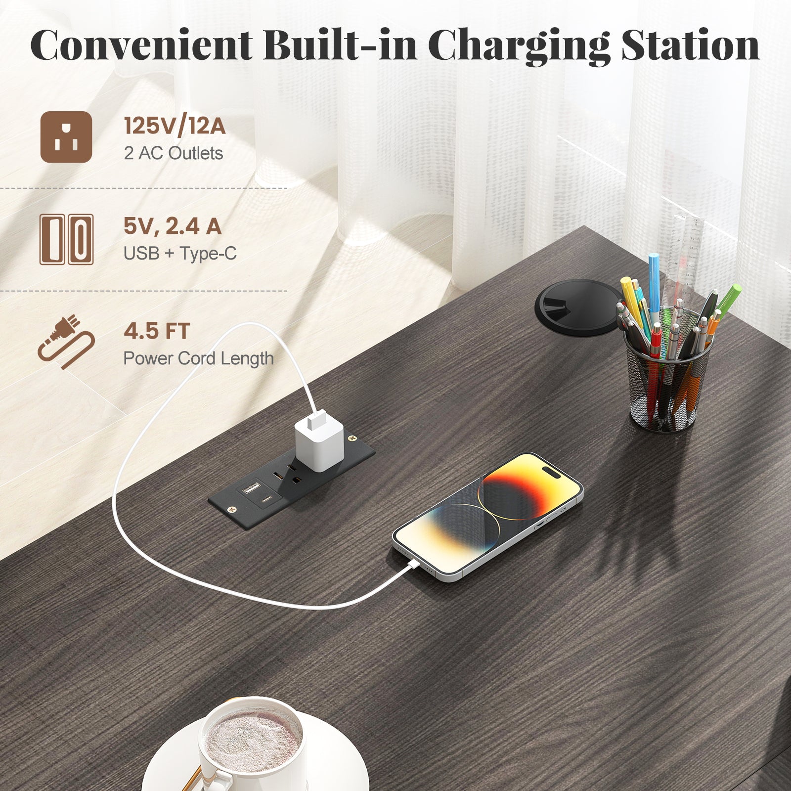 66 Inch L-shaped Computer Desk with Power Outlets-Dark Gray