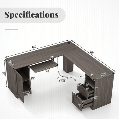 66 Inch L-shaped Computer Desk with Power Outlets-Dark Gray