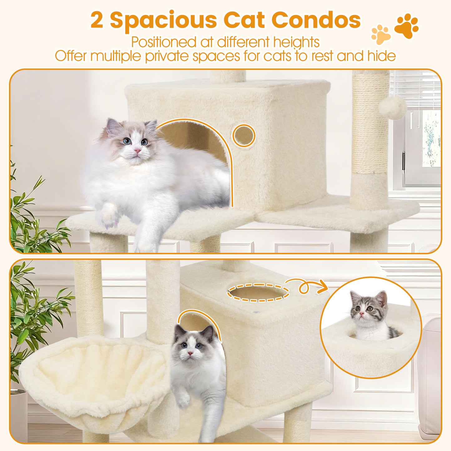 66 Inch Tall Cat Tree Multi-Level Cat Tower with 2 Condos Sisal Scratching Posts-Beige