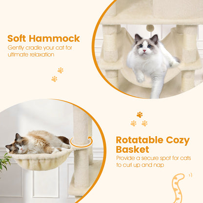 66 Inch Tall Cat Tree Multi-Level Cat Tower with 2 Condos Sisal Scratching Posts-Beige