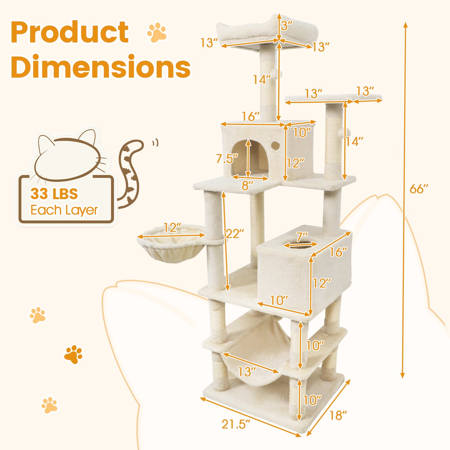 66 Inch Tall Cat Tree Multi-Level Cat Tower with 2 Condos Sisal Scratching Posts-Beige