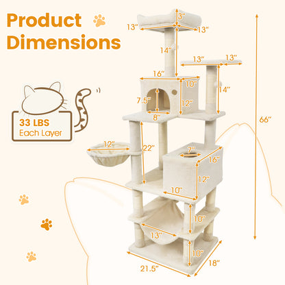 66 Inch Tall Cat Tree Multi-Level Cat Tower with 2 Condos Sisal Scratching Posts-Beige