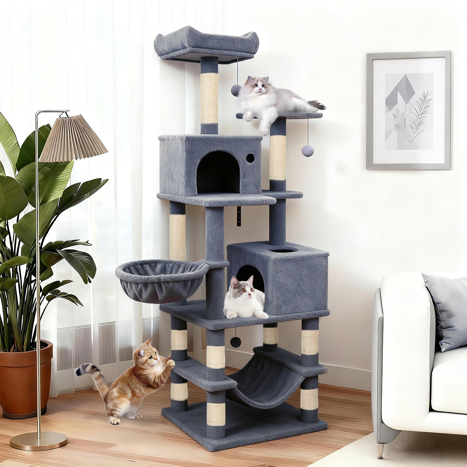 66 Inch Tall Cat Tree Multi-Level Cat Tower with 2 Condos Sisal Scratching Posts-Dark Gray