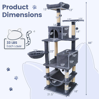 66 Inch Tall Cat Tree Multi-Level Cat Tower with 2 Condos Sisal Scratching Posts-Dark Gray