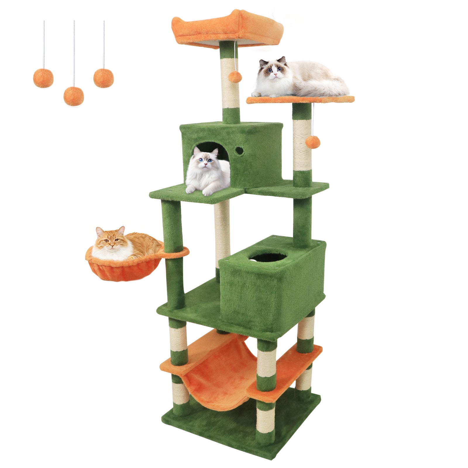 66 Inch Tall Cat Tree Multi-Level Cat Tower with 2 Condos Sisal Scratching Posts-Green